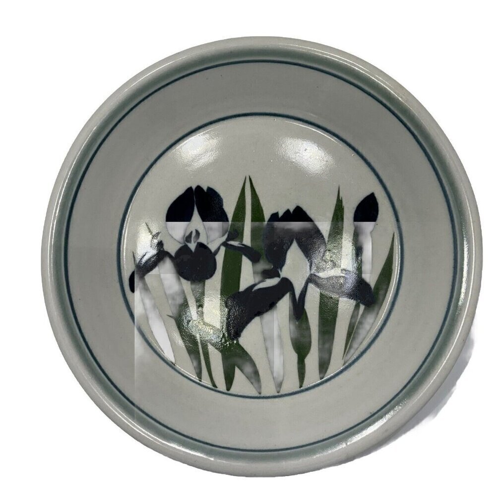 Handcrafted Pottery Artisan Signed Ward  Glazed Pie Plate Shallow Bowl Iris‎